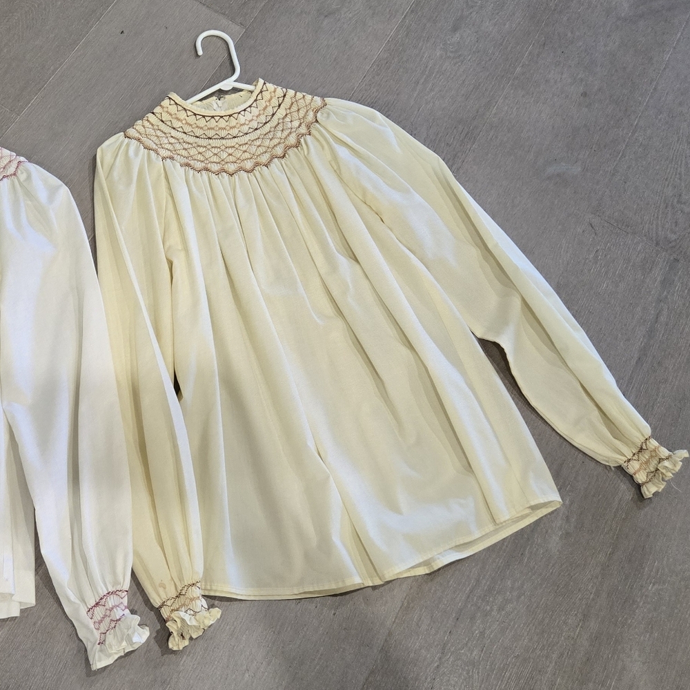 Vintage Yellow Peasant Blouse with Earth-toned Hand-Smocked Neckline and Cuffs